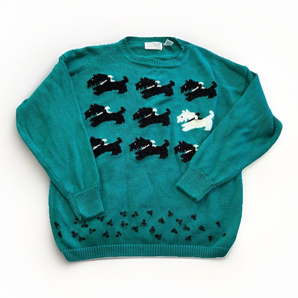 Vtg Stefano Scottie Dog Teal Knit Sweater Womens‎ 18/20 Novelty Grandmacore
